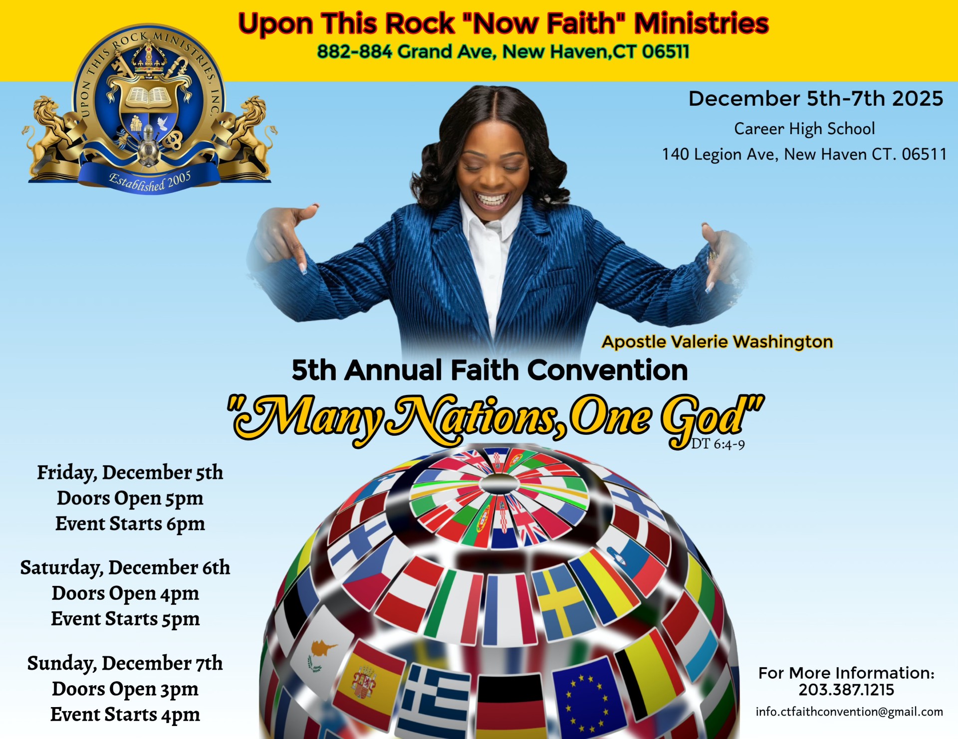 5th Annual Faith Convention 2025 flyer, "Many Nations, One God", December 5th-7th, Career High School, New Haven