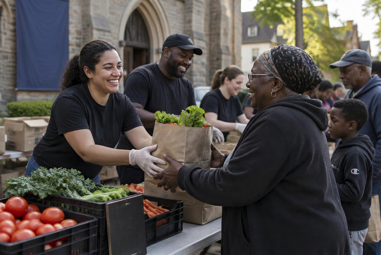 Volunteers handing a bag of fresh groceries to a neighbor at a New Haven community food distribution